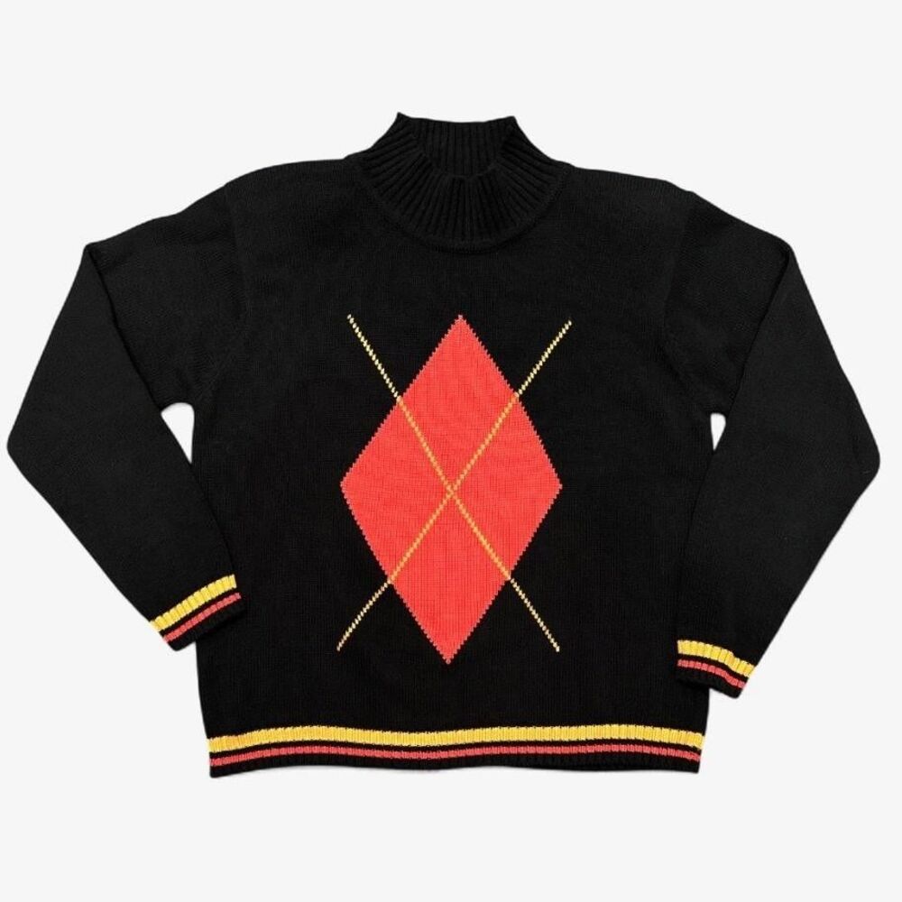 FIA Italia Sweater Black Mock Neck Argyle Diamond SZ M Handloomed Striped Trim